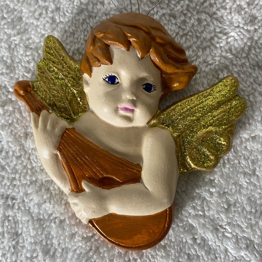 Vintage Hand Painted Angel Cherub W Instrument Ceramic Christmas Ornament